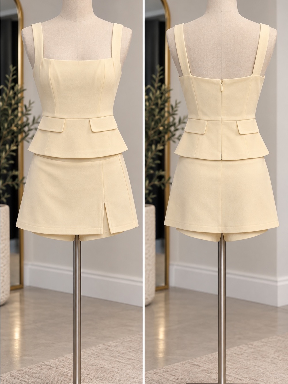 Square-Neck Peplum Mini Skirt Set in Pale Yellow